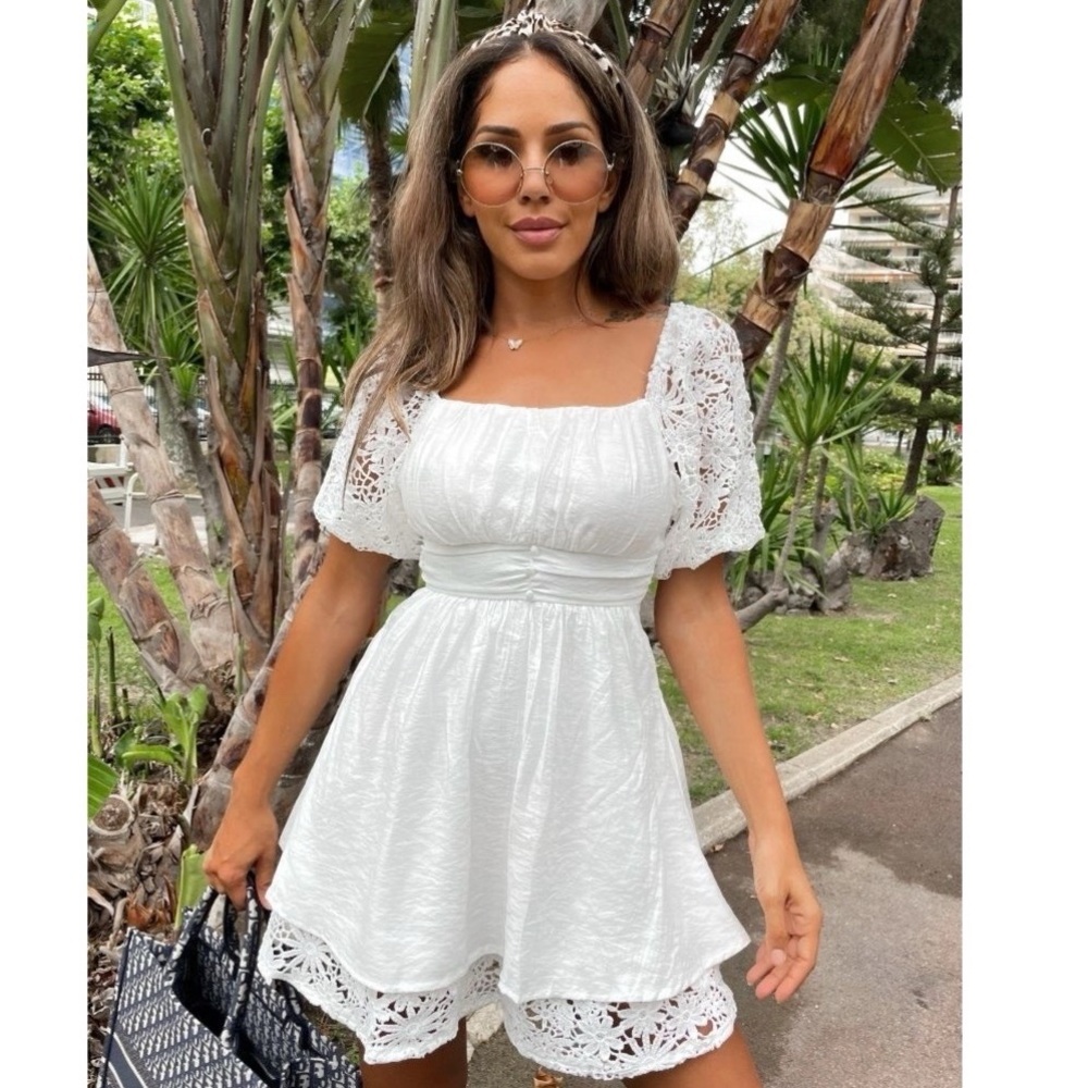 White Lace Trim Short Sleeve Square Neck Open Back Mini Dress - Picture 9 of 15
